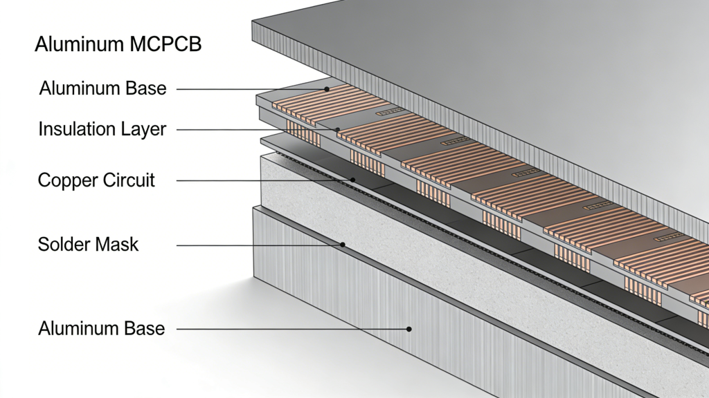 Metal Core PCB cross section structure aluminum copper thermal dielectric layer