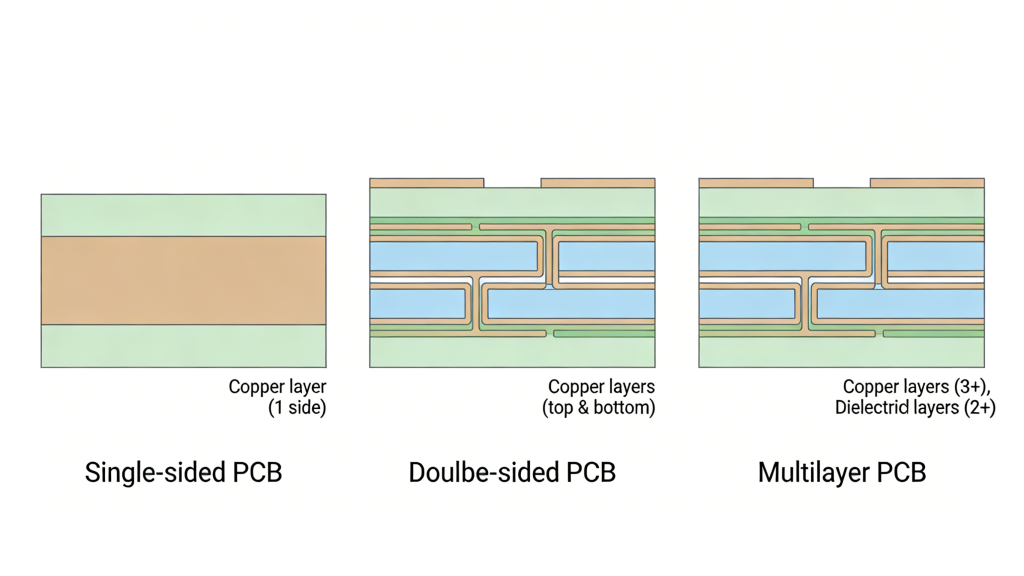Single-sided, double-sided, and multilayer PCB structure comparison