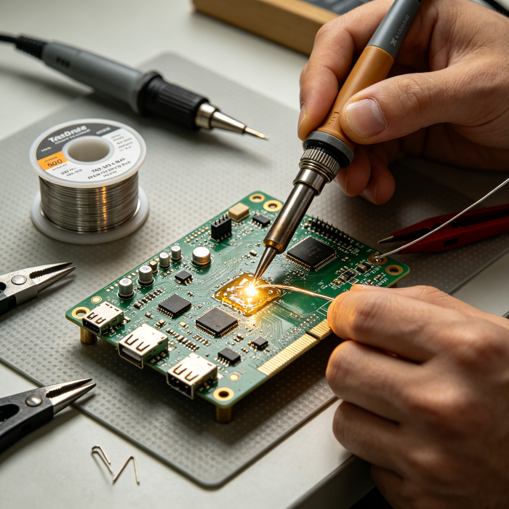 Hand soldering on PCB showing proper technique and tools