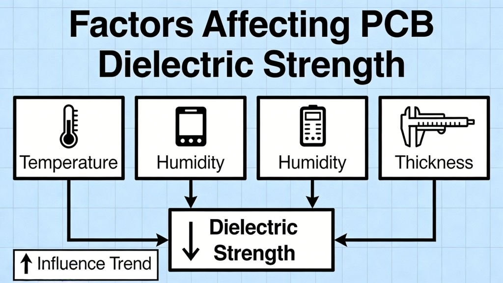 Factors affecting PCB dielectric strength temperature humidity thickness